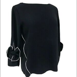 Zara Basic Bow Sleeve Simple Top Black White Topstitching Scoop Neck Size M